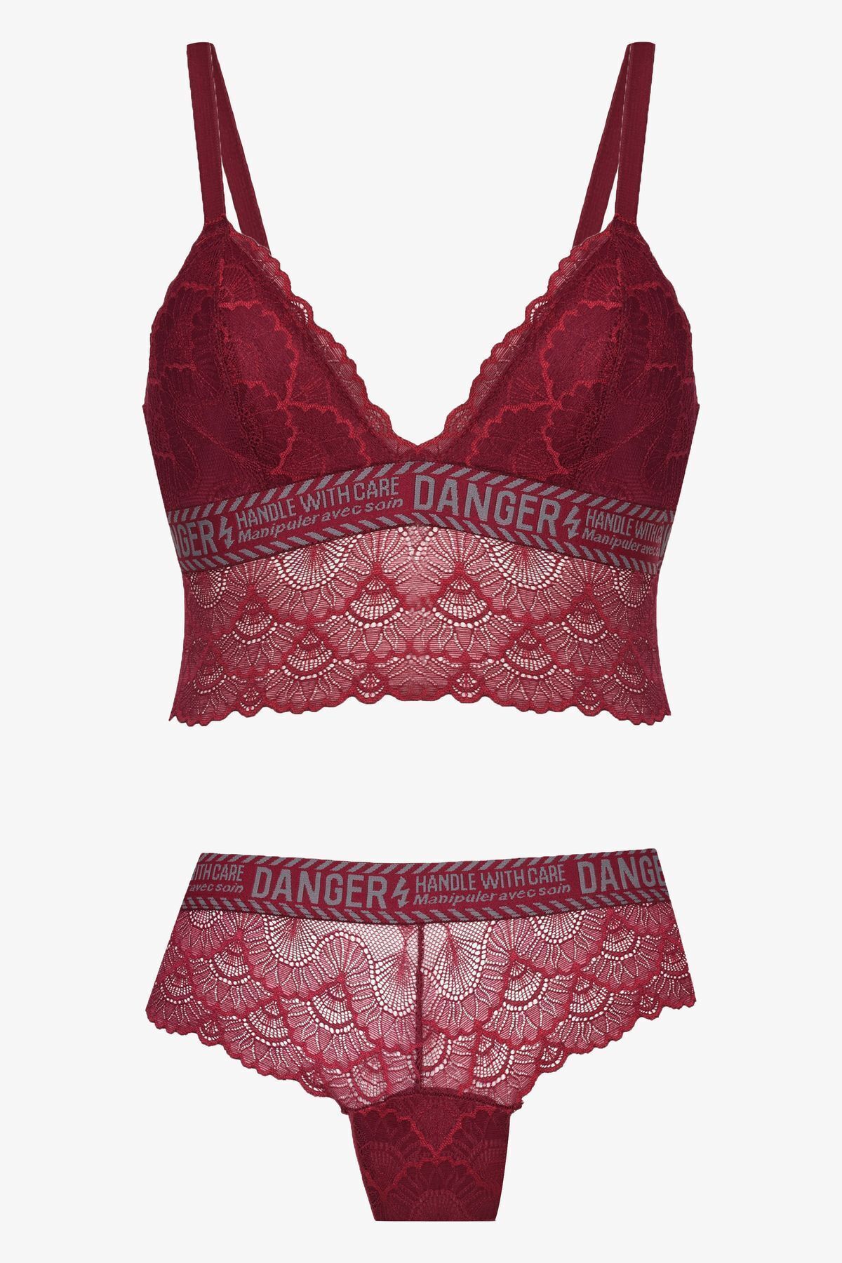 Kadın Danger Yazılı Lastikli Dantelli Büstiyer Takım 80227 Bordo - 90B - 80227 Bordo - 90B