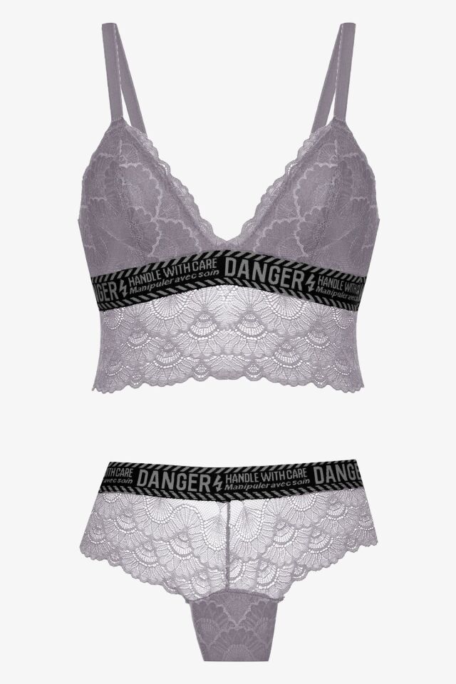 Kadın Danger Yazılı Lastikli Dantelli Büstiyer Takım 80227 Taş - 80B - 80227 Taş - 80B