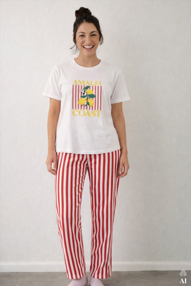 Kadın Pamuklu Renkli Köpek Baskılı Örme Pijama Takımı Pembe - Beyaz - S