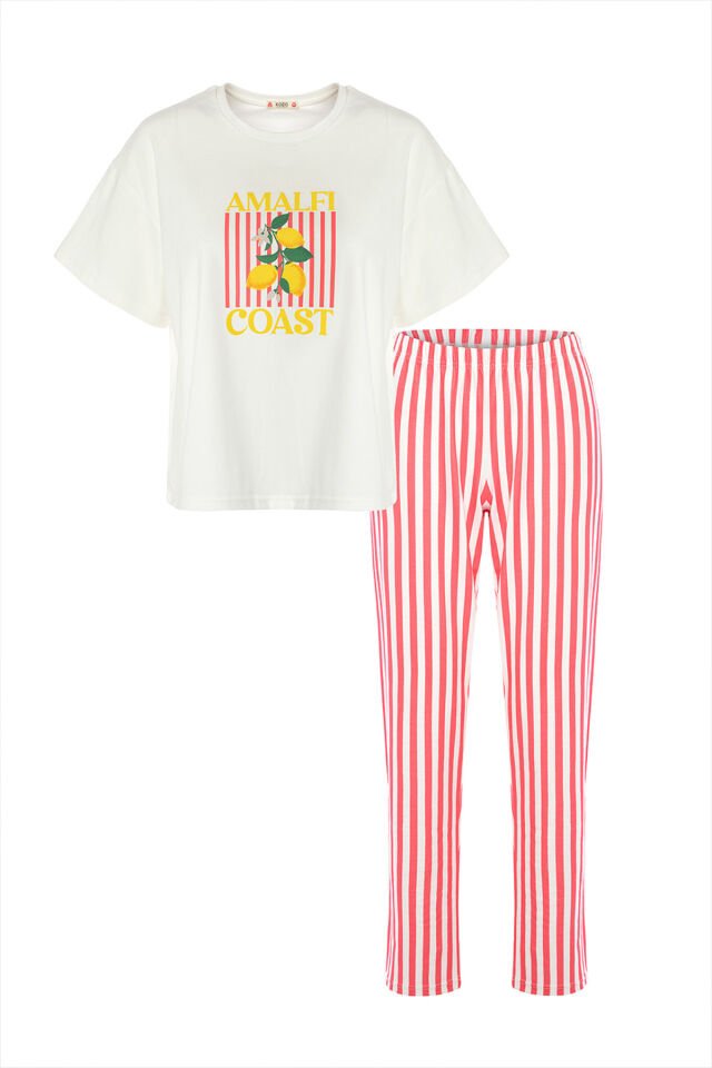 Kadın Pamuklu Renkli Köpek Baskılı Örme Pijama Takımı Pembe -  Beyaz - M