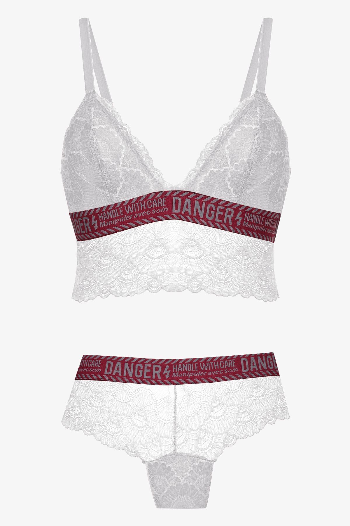 Kadın Danger Yazılı Lastikli Dantelli Büstiyer Takım 80227 Ekru - 90B - 80227 Ekru - 90B