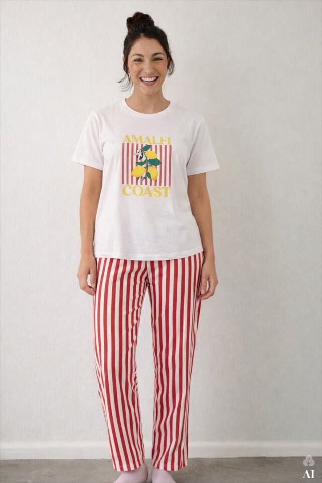 Kadın Pamuklu Renkli Köpek Baskılı Örme Pijama Takımı Pembe -  Beyaz - XL