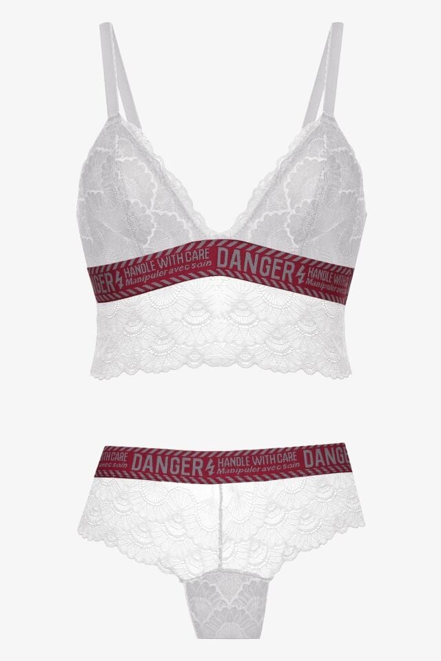Kadın Danger Yazılı Lastikli Dantelli Büstiyer Takım 80227 Ekru - 80B - 80227 Ekru - 80B