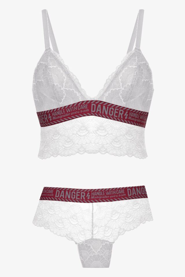 Kadın Danger Yazılı Lastikli Dantelli Büstiyer Takım 80227 Ekru - 80B - 80227 Ekru - 80B