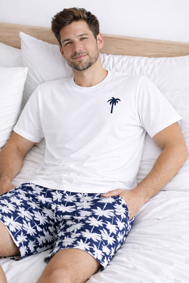 Erkek Pamuklu Kısa Kollu Palmiye Desenli Cepli Şortlu Pijama Takımı Lacivert - Beyaz - L