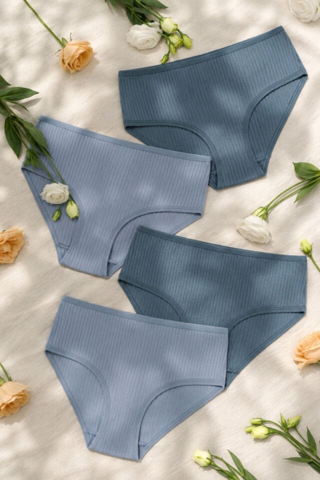 Kadın 4'lü Pamuklu Fitilli  Yüksek Bel Külot Mavi - XL/2XL