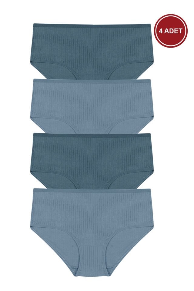 Kadın 4'lü Pamuklu Fitilli  Yüksek Bel Külot Mavi - XL/2XL