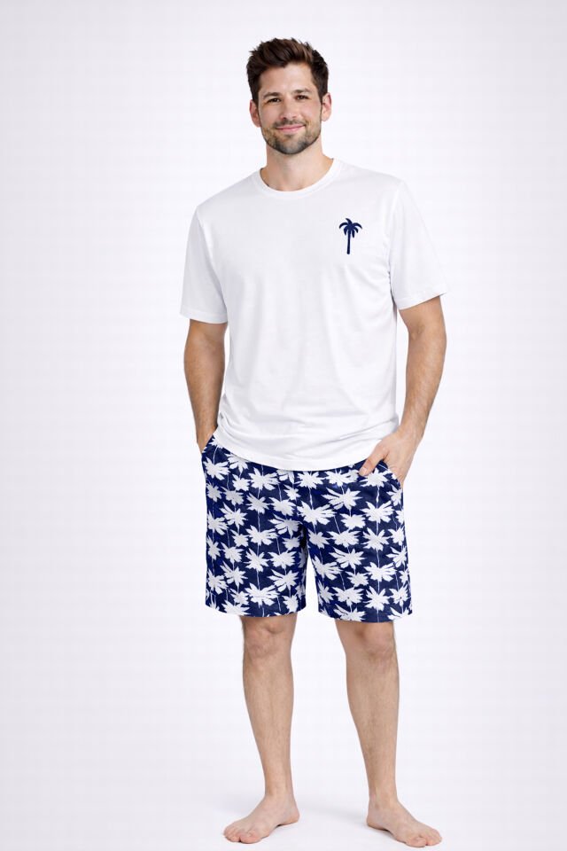 Erkek Pamuklu Kısa Kollu Palmiye Desenli Cepli Şortlu Pijama Takımı Lacivert - Beyaz - 2XL