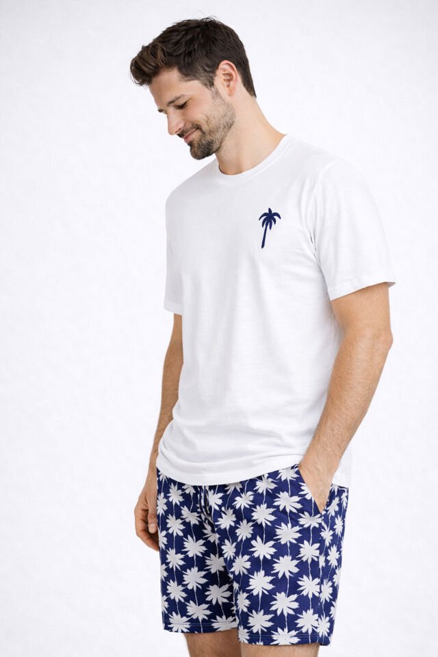 Erkek Pamuklu Kısa Kollu Palmiye Desenli Cepli Şortlu Pijama Takımı Lacivert - Beyaz - 2XL