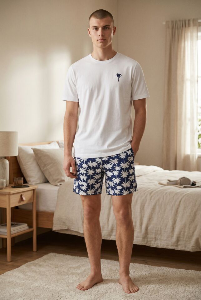 Erkek Pamuklu Kısa Kollu Palmiye Desenli Cepli Şortlu Pijama Takımı Lacivert - Beyaz - 2XL