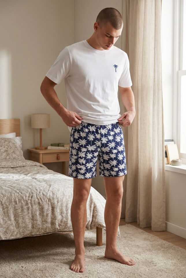 Erkek Pamuklu Kısa Kollu Palmiye Desenli Cepli Şortlu Pijama Takımı Lacivert - Beyaz - 2XL