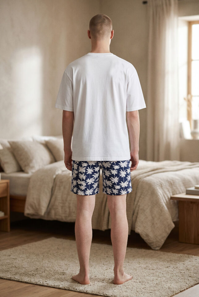 Erkek Pamuklu Kısa Kollu Palmiye Desenli Cepli Şortlu Pijama Takımı Lacivert - Beyaz - 2XL