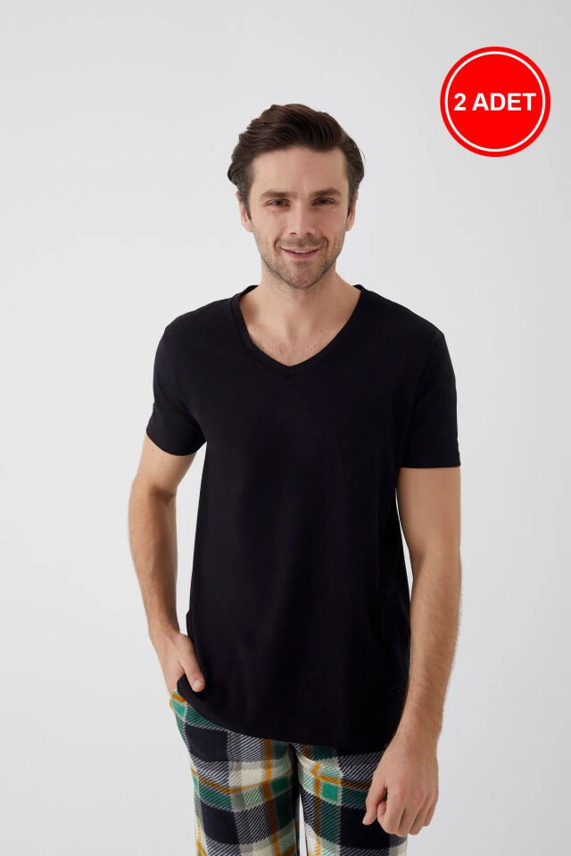 Erkek Pamuklu V Yaka Kısa Kollu Tişört 2 Adet 2XL