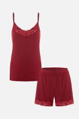Kadın Viskon - Yumuşak Dokulu İp Askılı Dantel Detaylı Şortlu Takım