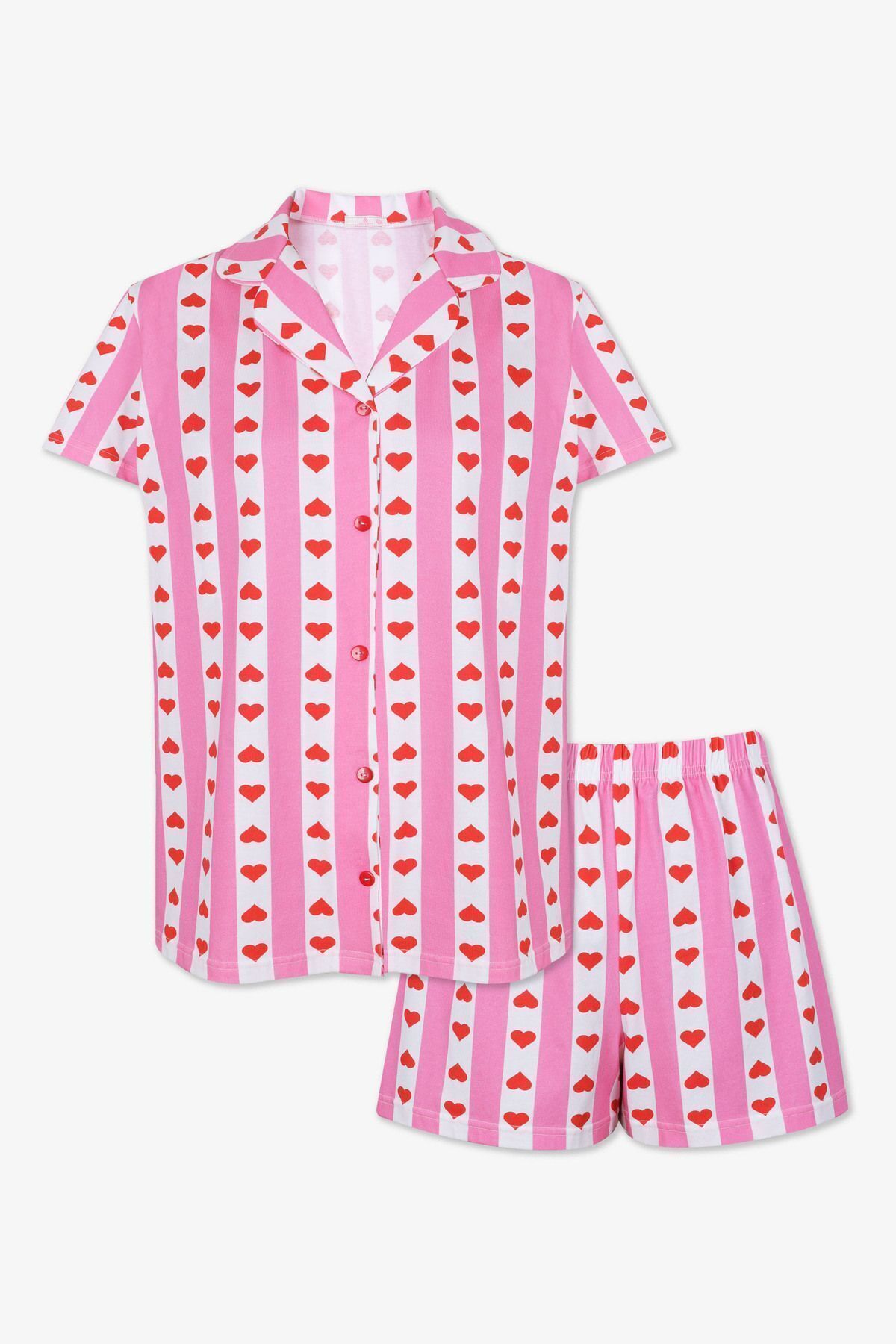 Kadın Pamuklu Kısa Kollu Gömlek Yaka Kalp Desenli Şortlu Pijama Takımı KO7309TS-1 Pembe Büyük Kalp Desenli - L - KO7309TS-1 Pembe Büyük Kalp Desenli - L