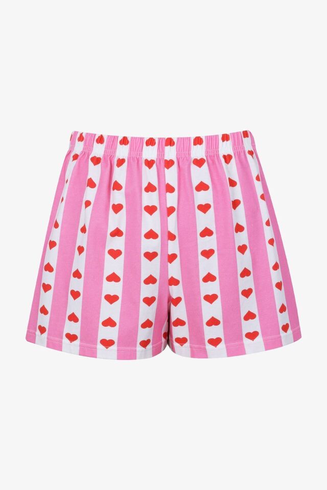 Kadın Pamuklu Kısa Kollu Gömlek Yaka Kalp Desenli Şortlu Pijama Takımı KO7309TS-1 Pembe Büyük Kalp Desenli - L - KO7309TS-1 Pembe Büyük Kalp Desenli - L
