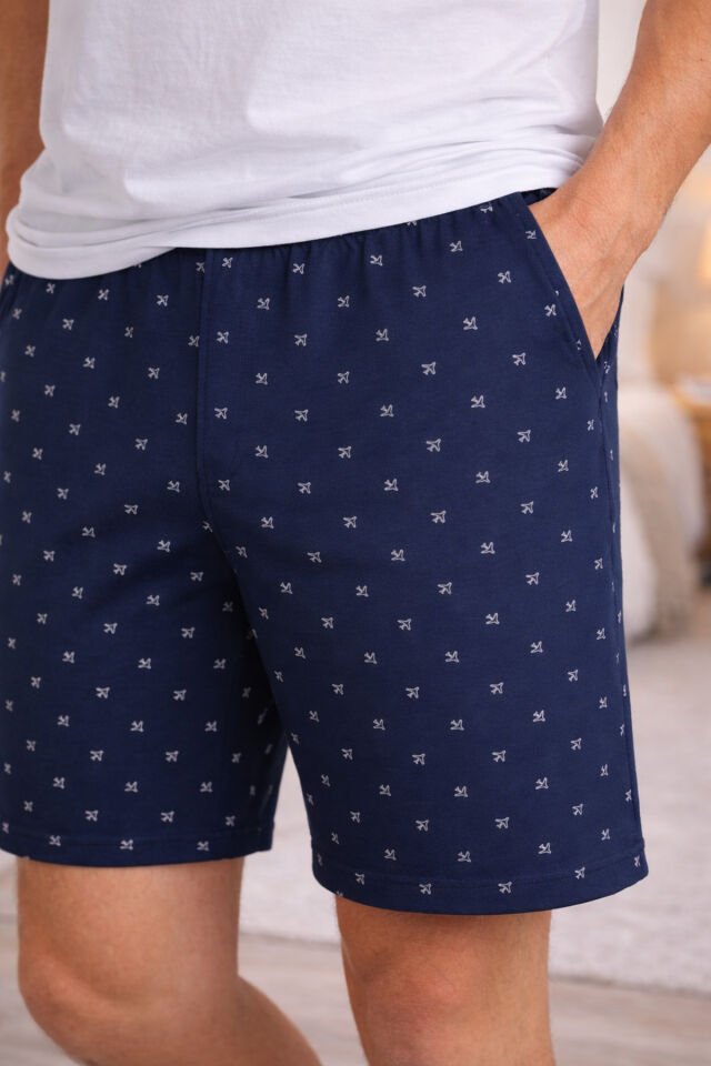 Erkek Pamuklu Baskılı Cepli Şortlu Pijama Takımı Mavi - Beyaz - S