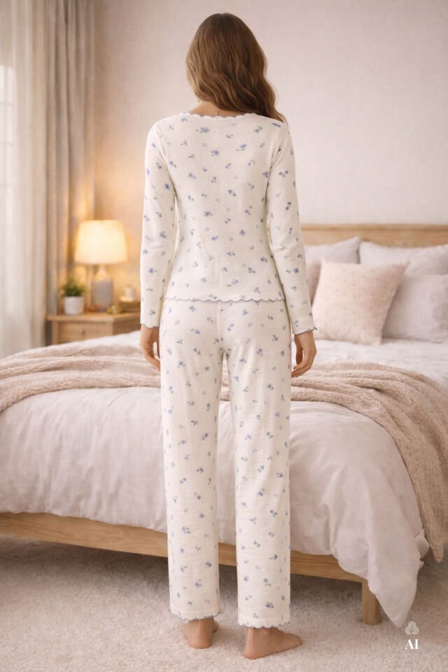 Sevgililer Günü Temalı Kadın Pamuklu Çıtır Çiçek Desenli Baby Overloklu Fiyonklu Uzun Kollu Pijama Takımı S - KO70142-3