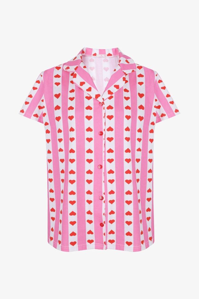 Kadın Pamuklu Kısa Kollu Gömlek Yaka Kalp Desenli Şortlu Pijama Takımı KO7309TS-1 Pembe Büyük Kalp Desenli - XL - KO7309TS-1 Pembe Büyük Kalp Desenli - XL