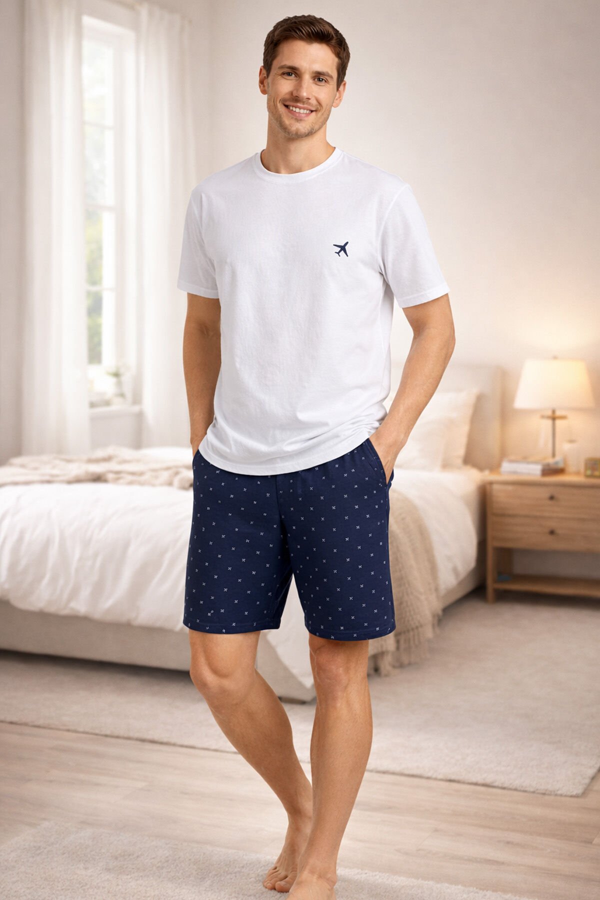 Erkek Pamuklu Baskılı Cepli Şortlu Pijama Takımı Mavi - Beyaz - XL