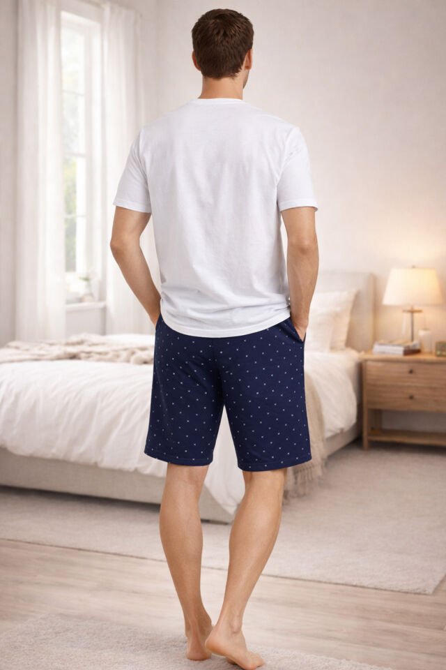 Erkek Pamuklu Baskılı Cepli Şortlu Pijama Takımı Mavi - Beyaz - XL
