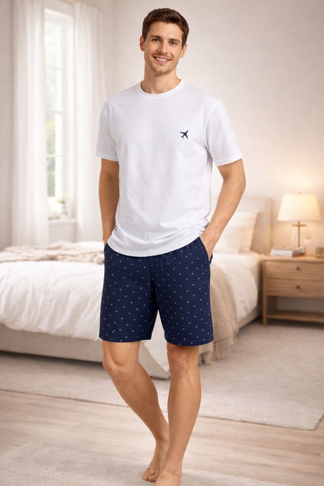 Erkek Pamuklu Baskılı Cepli Şortlu Pijama Takımı Mavi - Beyaz - 2XL