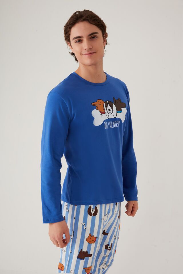 Erkek Pamuklu Uzun Kollu Baskılı Alt Desenli Cep Detaylı Pijama Takımı