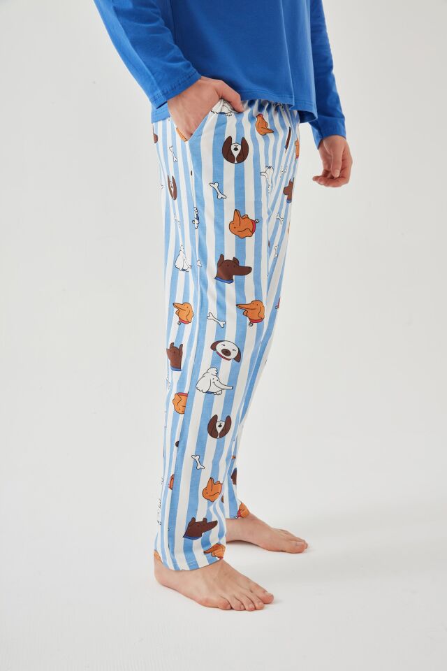 Erkek Pamuklu Uzun Kollu Baskılı Alt Desenli Cep Detaylı Pijama Takımı Beyaz - Saks - S