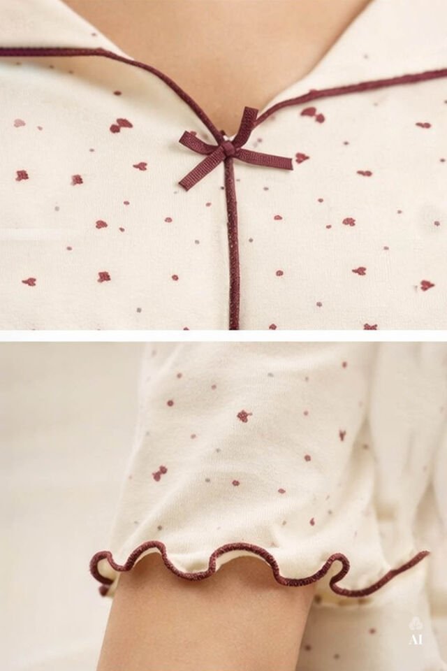 Sevgililer Günü Temalı Kadın Pamuklu Çıtır Çiçek Desenli Baby Overloklu Fiyonklu Uzun Kollu Pijama Takımı L