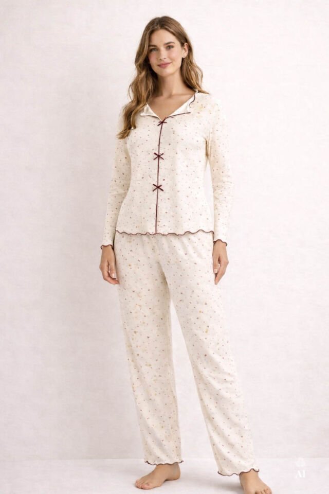 Sevgililer Günü Temalı Kadın Pamuklu Çıtır Çiçek Desenli Baby Overloklu Fiyonklu Uzun Kollu Pijama Takımı XL