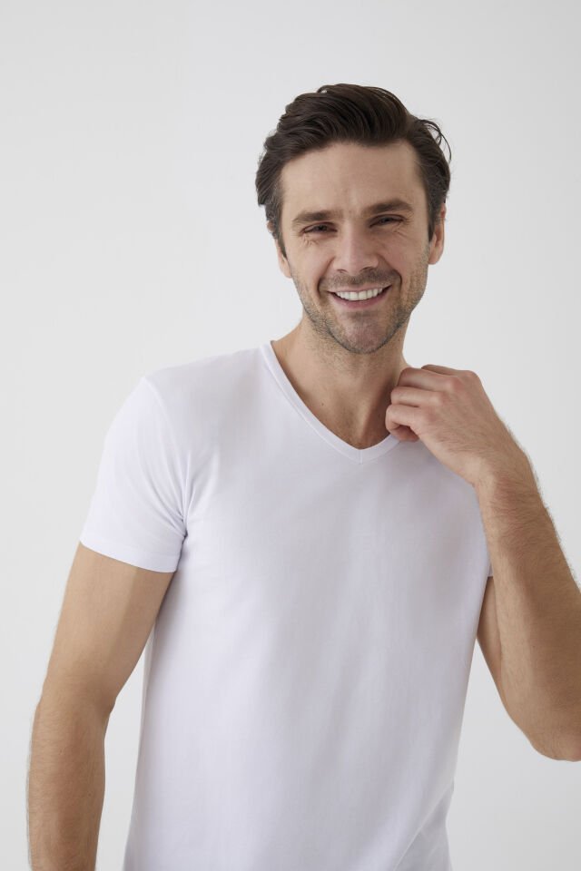 Erkek Pamuklu V Yaka Kısa Kollu Tişört 2 Adet 2XL - Füme - Beyaz