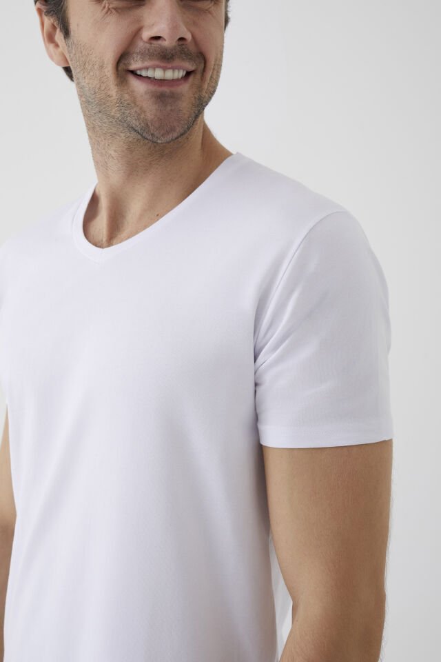 Erkek Pamuklu V Yaka Kısa Kollu Tişört 2 Adet 2XL - Füme - Beyaz