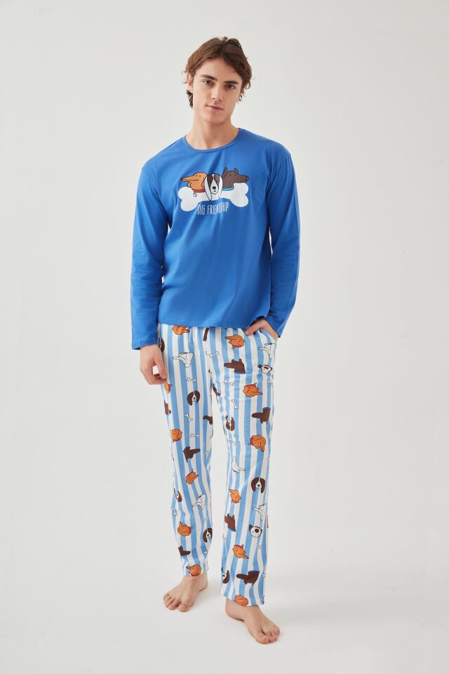 Erkek Pamuklu Uzun Kollu Baskılı Alt Desenli Cep Detaylı Pijama Takımı Beyaz - Saks - XL