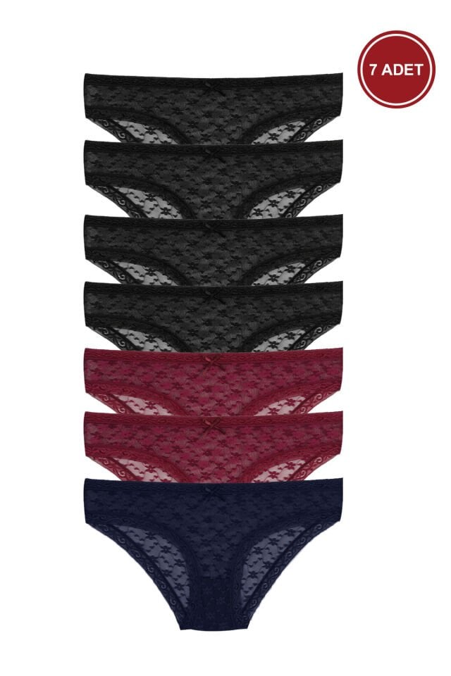 Kadın 7'li Dantelli Külot Siyah -  Bordo - L/XL