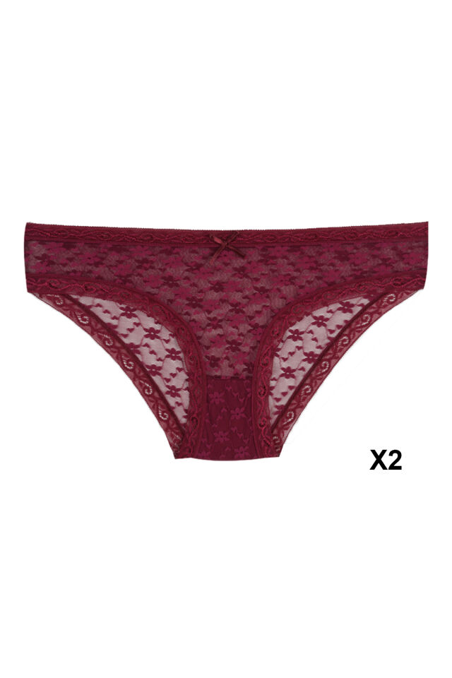 Kadın 7'li Dantelli Külot Siyah -  Bordo - L/XL