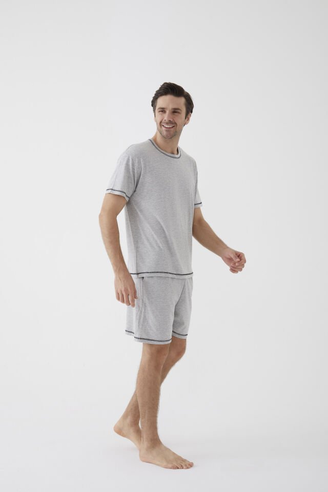 Erkek Gri Melanj Karyoka Dikişli Şortlu Pijama Takımı KO6305TS-1 Gri Melanj - L - KO6305TS-1 Gri Melanj - L