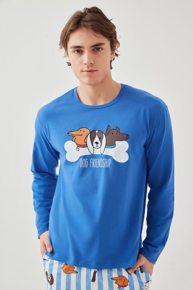 Erkek Pamuklu Uzun Kollu Baskılı Alt Desenli Cep Detaylı Pijama Takımı Beyaz - Saks - 2XL