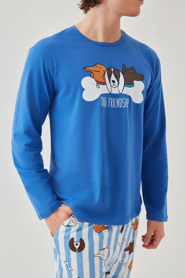 Erkek Pamuklu Uzun Kollu Baskılı Alt Desenli Cep Detaylı Pijama Takımı Beyaz - Saks - 2XL