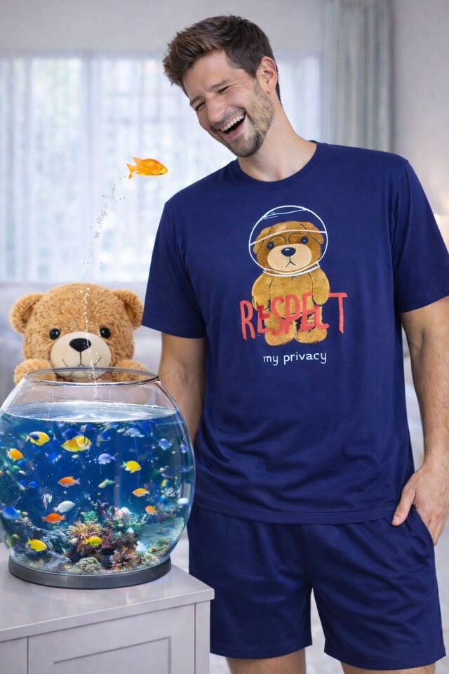 Erkek Pamuklu Lacivert Baskılı Cepli Pijama Takımı Lacivert - Kahverengi - XL