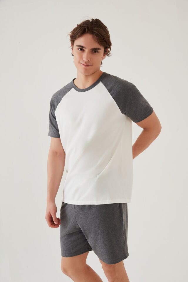 Erkek Pamuklu Cep Detaylı Reglan Kol Pijama Takımı Gri - Ekru - S