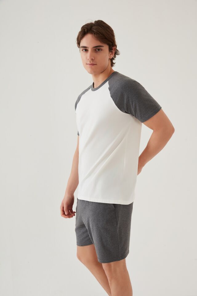 Erkek Pamuklu Cep Detaylı Reglan Kol Pijama Takımı Gri - Ekru - S