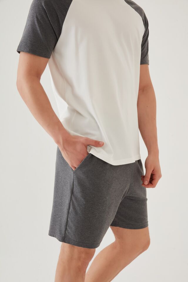 Erkek Pamuklu Cep Detaylı Reglan Kol Pijama Takımı Gri - Ekru - S