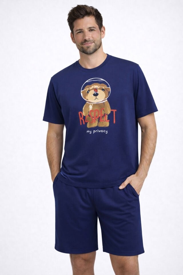 Erkek Pamuklu Lacivert Baskılı Cepli Pijama Takımı Lacivert - Kahverengi - 2XL