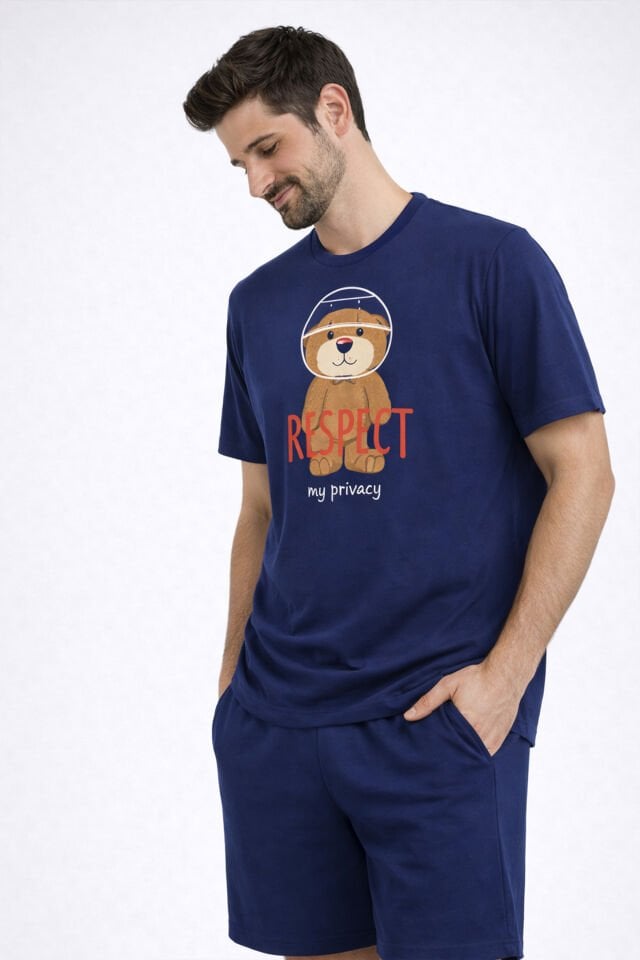 Erkek Pamuklu Lacivert Baskılı Cepli Pijama Takımı Lacivert - Kahverengi - 2XL