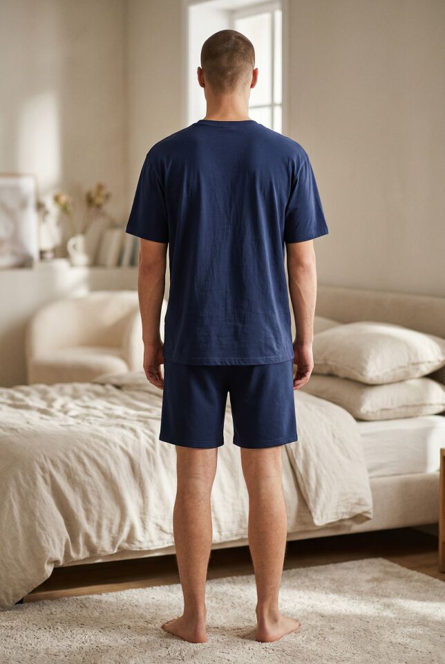 Erkek Pamuklu Lacivert Baskılı Cepli Pijama Takımı Lacivert - Kahverengi - 2XL