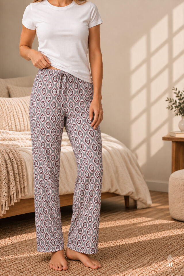 Kadın 2'li Pamuklu Uzun Pijama Altı Pudra - Ekru - 2XL