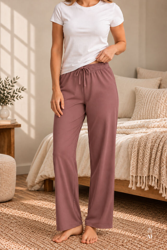 Kadın 2'li Pamuklu Uzun Pijama Altı Pudra - Ekru - 2XL