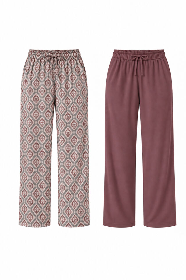 Kadın 2'li Pamuklu Uzun Pijama Altı Pudra - Ekru - 2XL