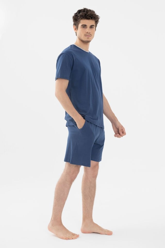 Erkek Double Yaka Şortlu Pijama Takımı KO6304TS-2 İndigo - S - KO6304TS-2 İndigo - S