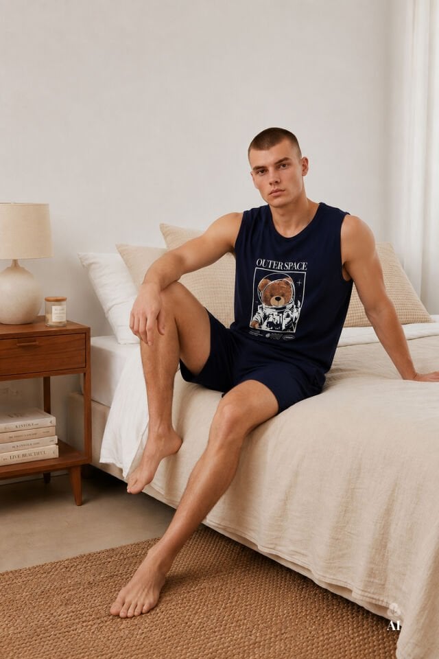 Erkek Pamuklu Sıfır Kollu Baskı Detaylı Şortlu Pijama Takımı Lacivert - 2XL